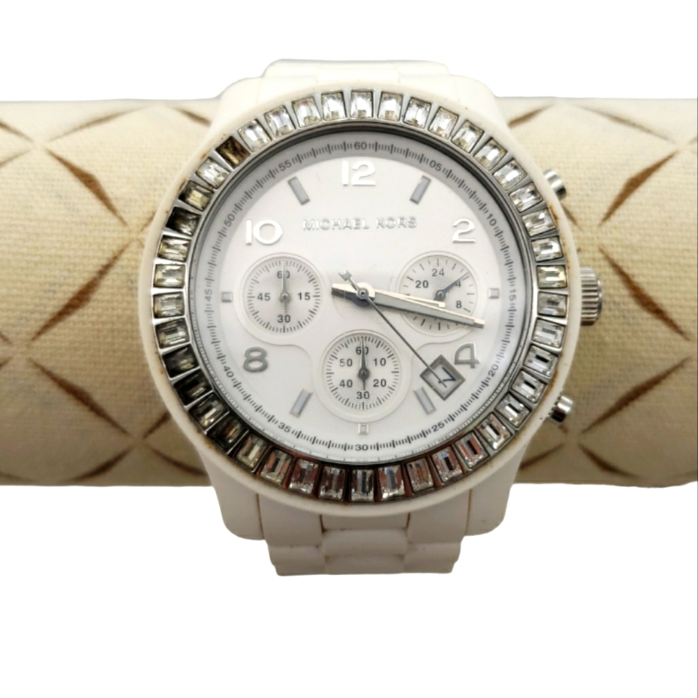 Michael Kors Crystal Baguette Watch-White Rubber Band *Flawed*